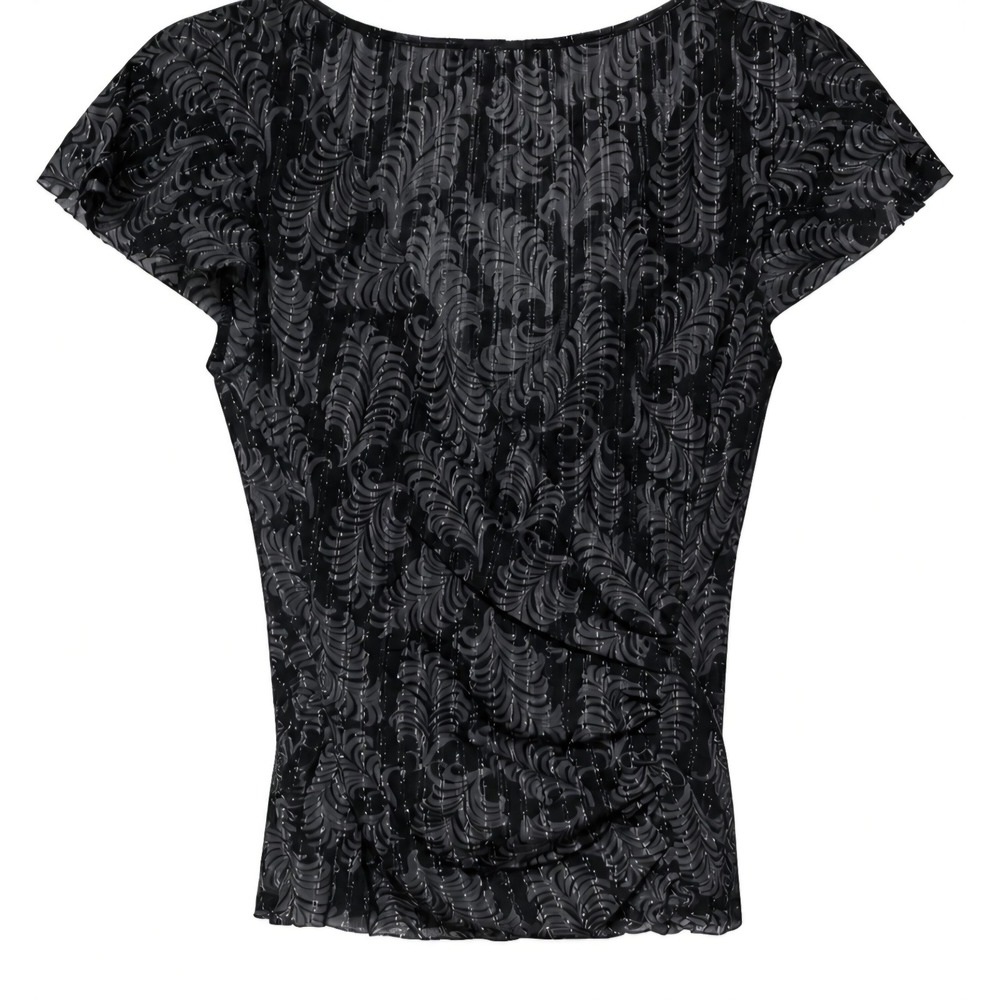 Express Womens Small Short Sleeve Patterned Top Black Gray Metallic Ruched Top